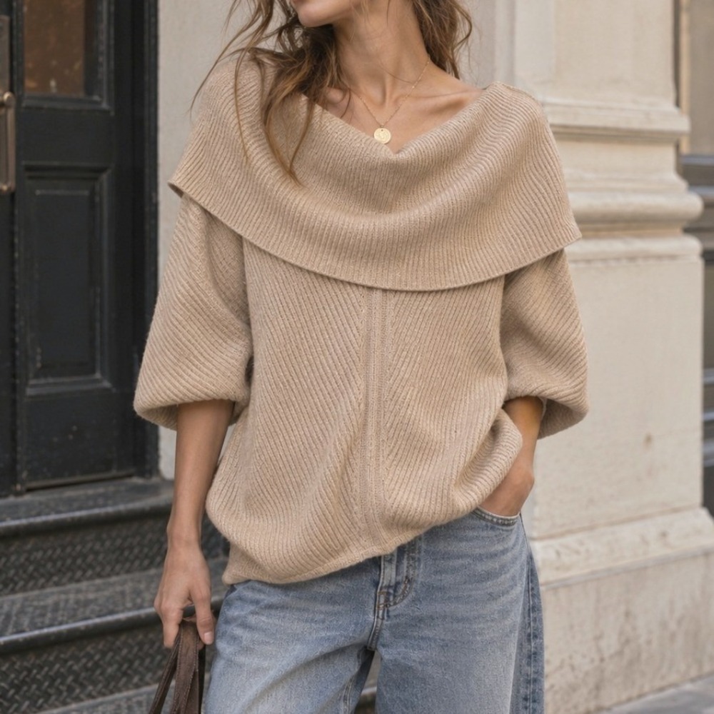 Vivienne Tam Sweater L Tan Rib Knit Oversized Quiet Luxury Earthy Fall Designer